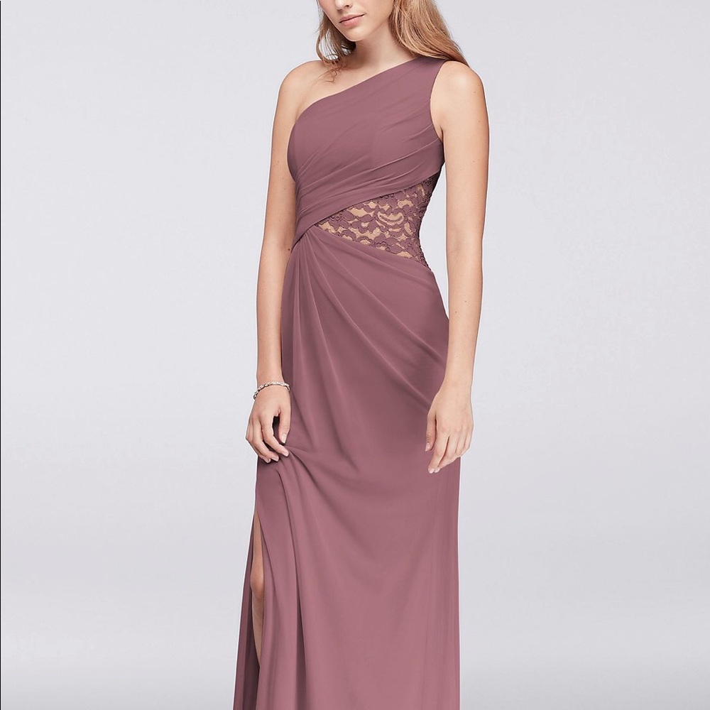 One-Shoulder Mesh Dress with Lace Inset